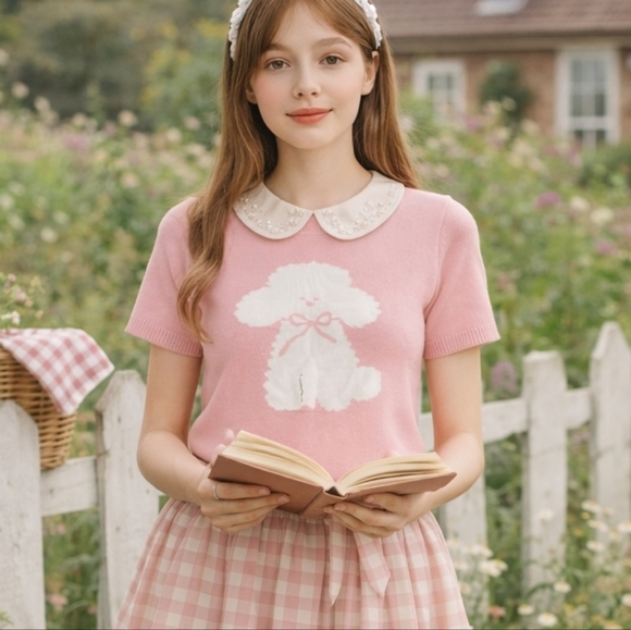 debut Tops - EUC Debut Pink Knit Short Sleeve Poodle Graphic Sweater Top M/L